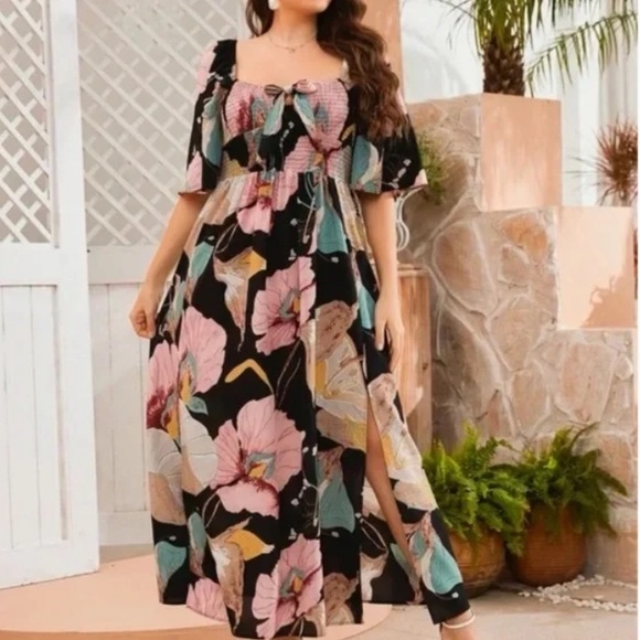 Boho Plus Pink Floral Tropical Butterfly Sleeve Maxi Dress